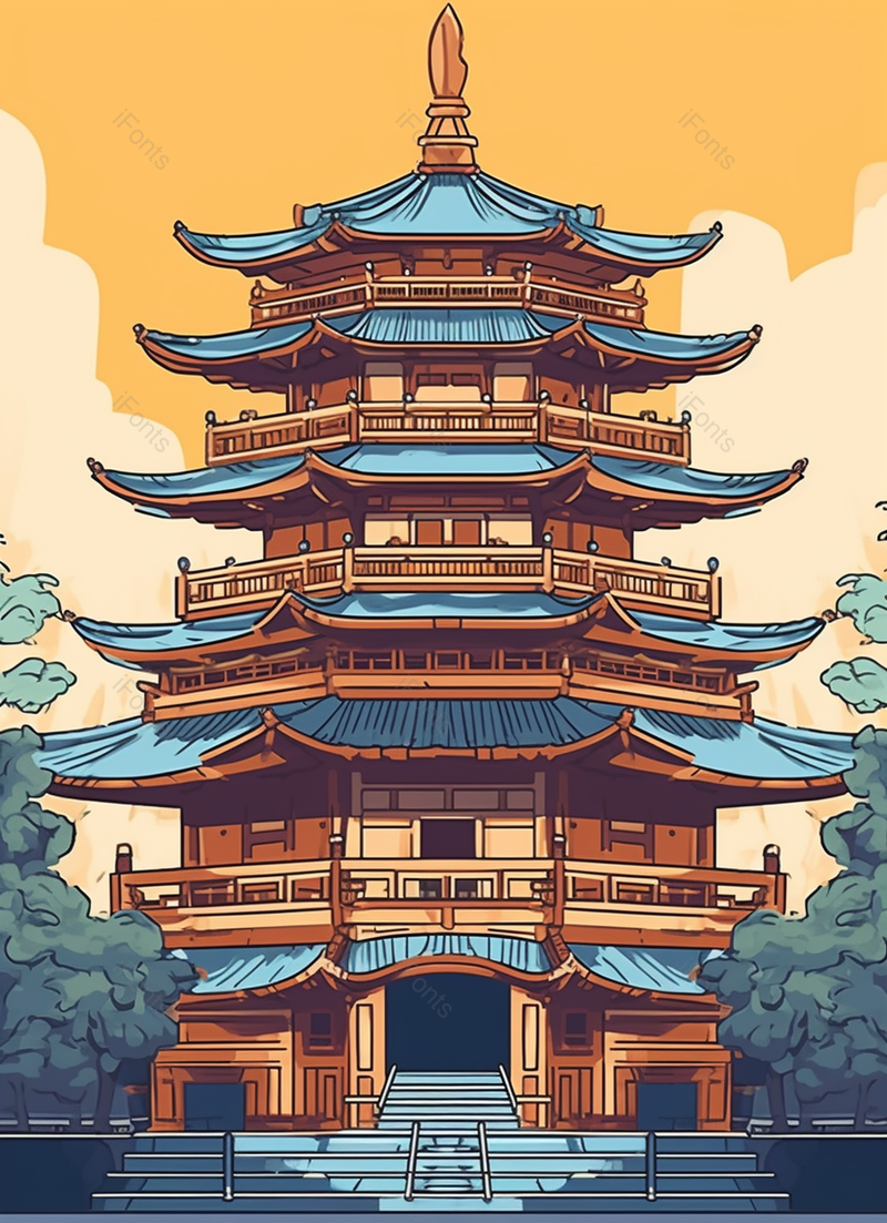 蓝色的塔体橙色天空古建筑塔中国风背景,插画/手绘图,插画/手绘图库,插画/手绘图下载,插画/手绘
